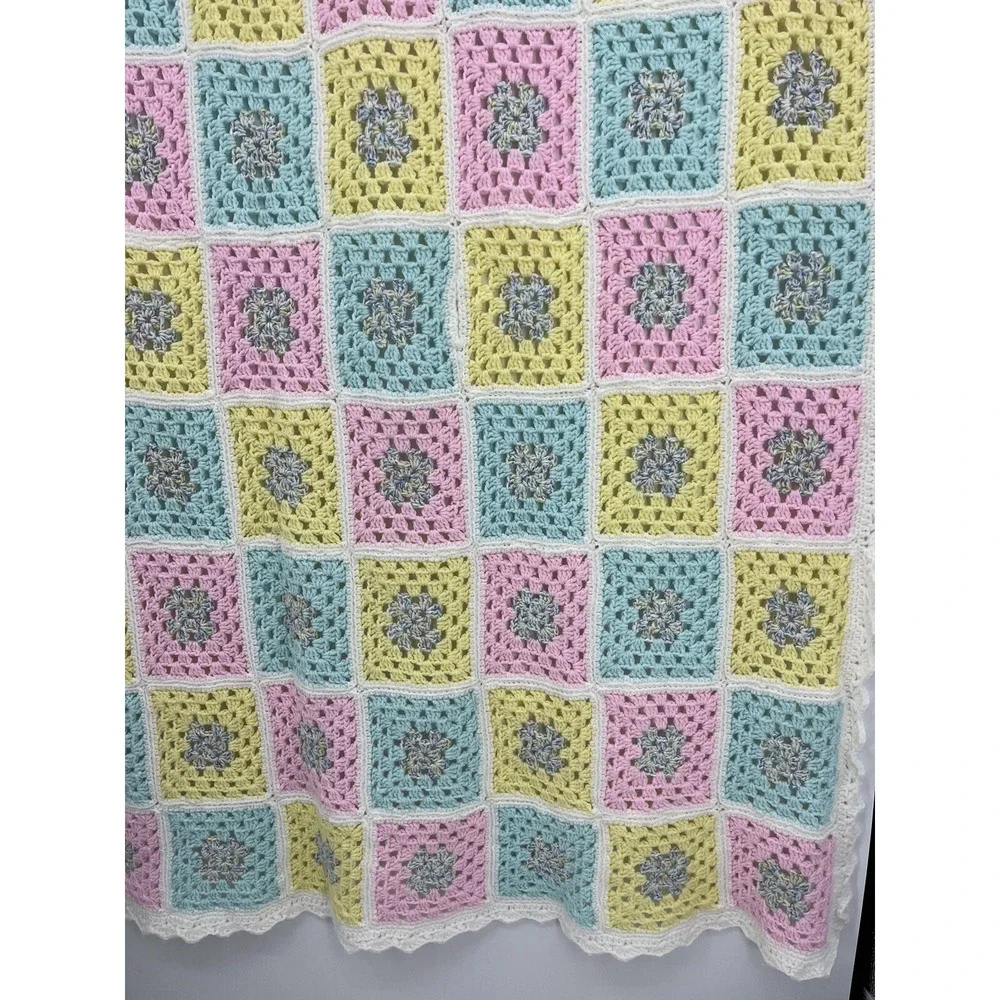 Vintage Pastel Afghan Granny Square Crocheted Baby Blanket Handmade 59 x 46
